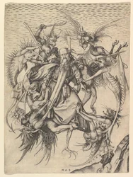 La tentación de San Antonio por Martin Schöngauer c. 1480-90. Grabado
